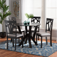Baxton Studio Branca-Grey/Dark Brown-5PC Dining Set Branca Modern and Contemporary Grey Fabric Upholstered and Dark Brown Finished Wood 5-Piece Dining Seti
